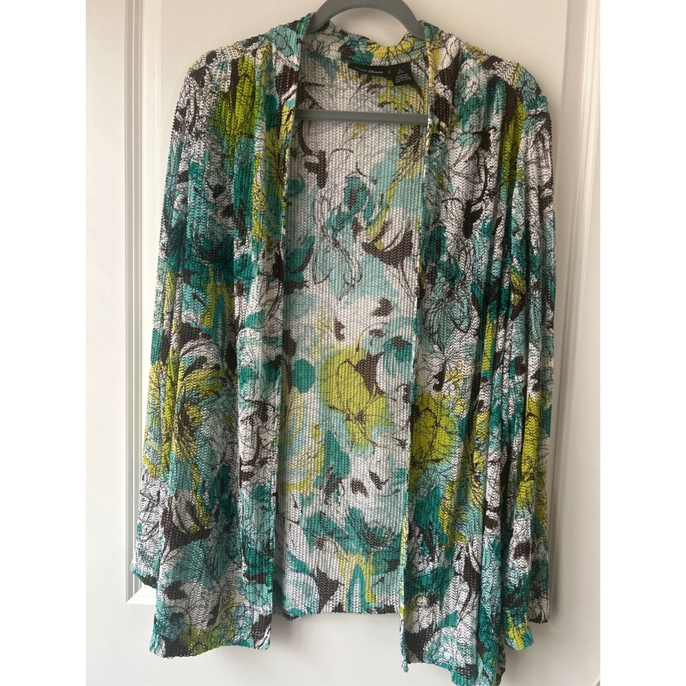 Maggie Barnes Womens 2X Cardigan Abstract Floral Pleated Open Front Teal Green